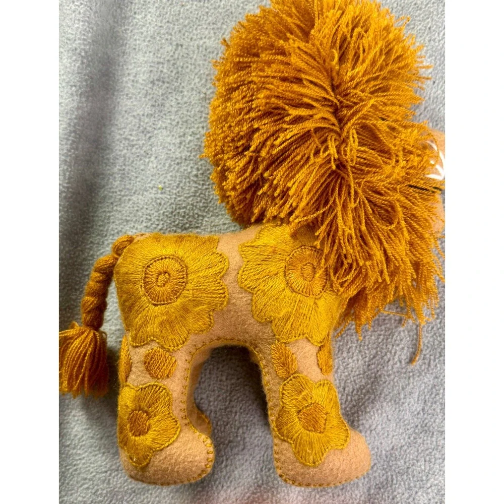 Vintage Handmade Felt Lion Plush Stuffed‎ Animal Floral Embroidery Shaggy Mane